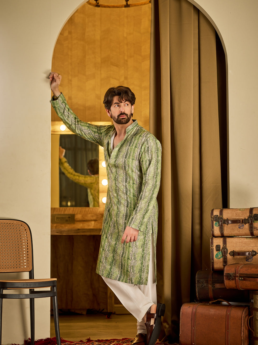 Men's Cotton Silk Green Print Kurta with White Pyjama