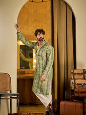 Men's Cotton Silk Green Print Kurta with White Pyjama