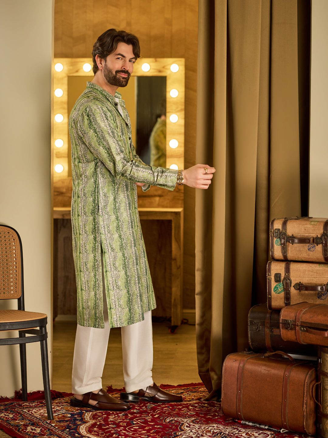 Men's Cotton Silk Green Print Kurta with White Pyjama