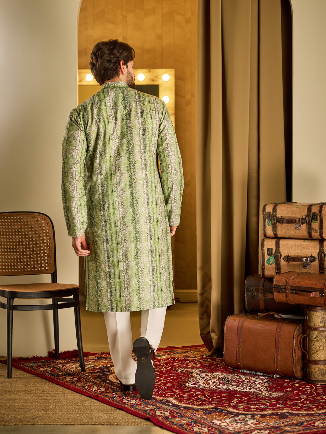 Men's Cotton Silk Green Print Kurta with White Pyjama