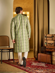 Men's Cotton Silk Green Print Kurta with White Pyjama