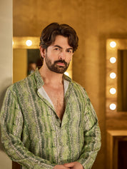 Men's Cotton Silk Green Print Kurta with White Pyjama