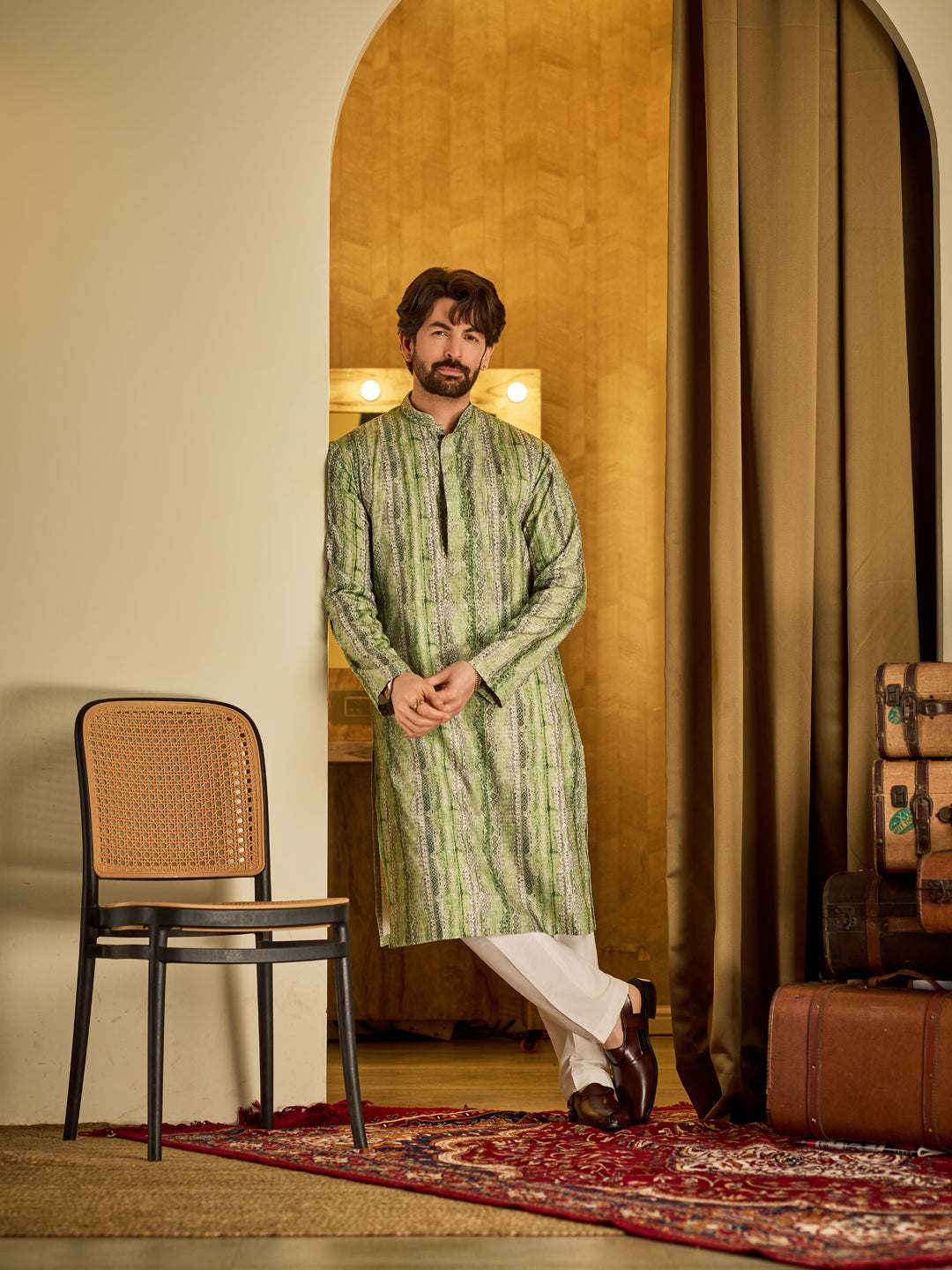 Men's Cotton Silk Green Print Kurta with White Pyjama