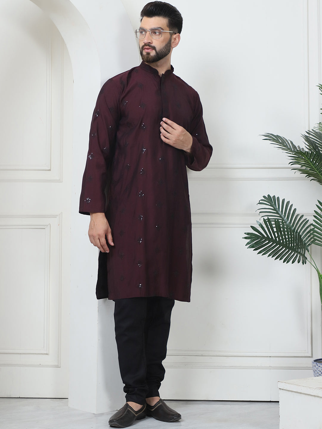 Men's Cotton Silk Sequinned Neck Embroidered Wine Kurta With Black Pyjama