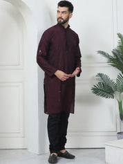 Men's Cotton Silk Sequinned Neck Embroidered Wine Kurta With Black Pyjama