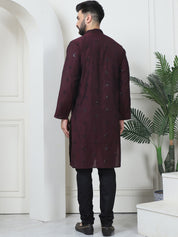 Men's Cotton Silk Sequinned Neck Embroidered Wine Kurta With Black Pyjama