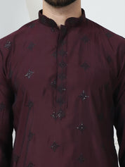 Men's Cotton Silk Sequinned Neck Embroidered Wine Kurta With Black Pyjama