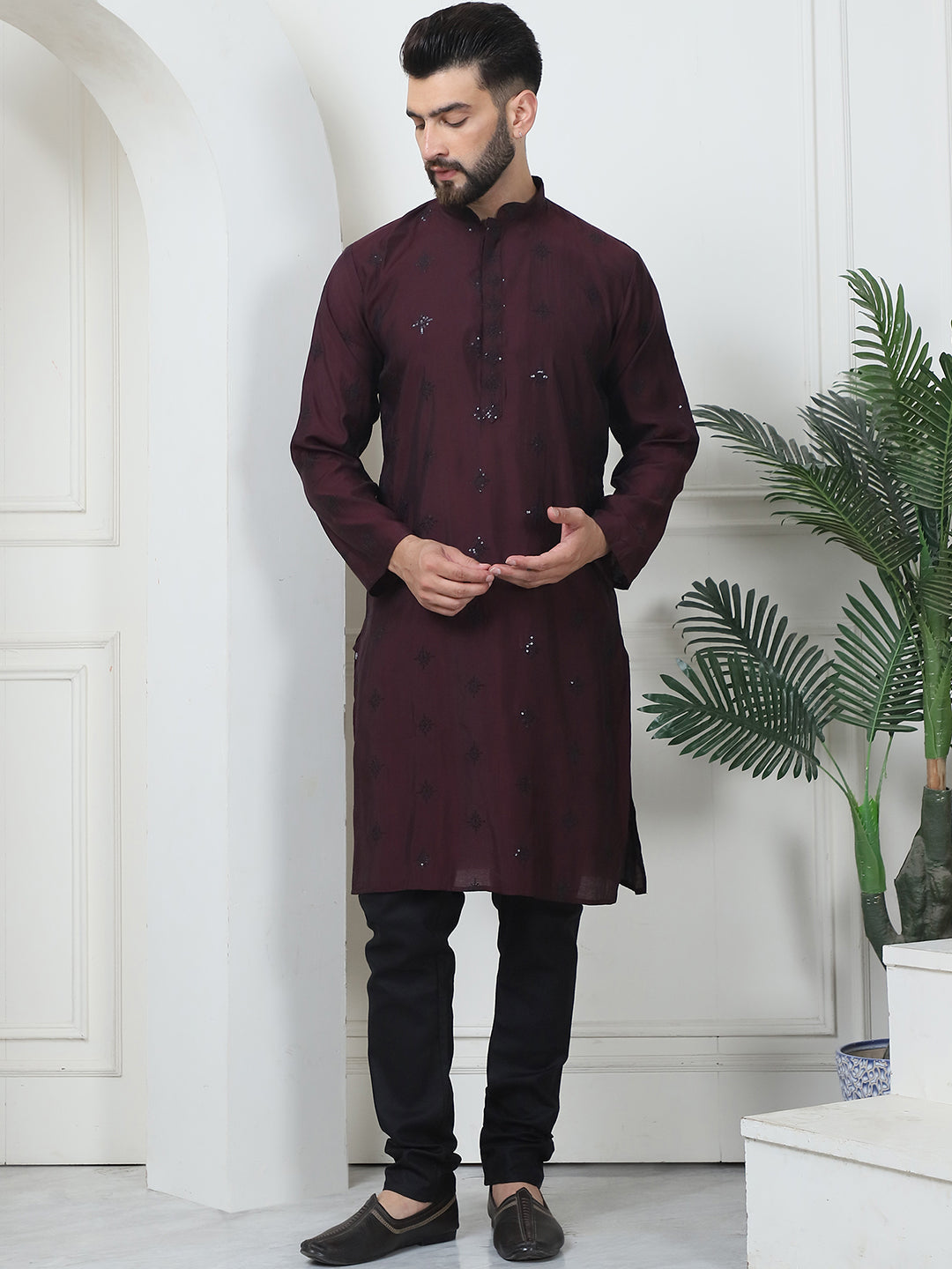 Men's Cotton Silk Sequinned Neck Embroidered Wine Kurta With Black Pyjama