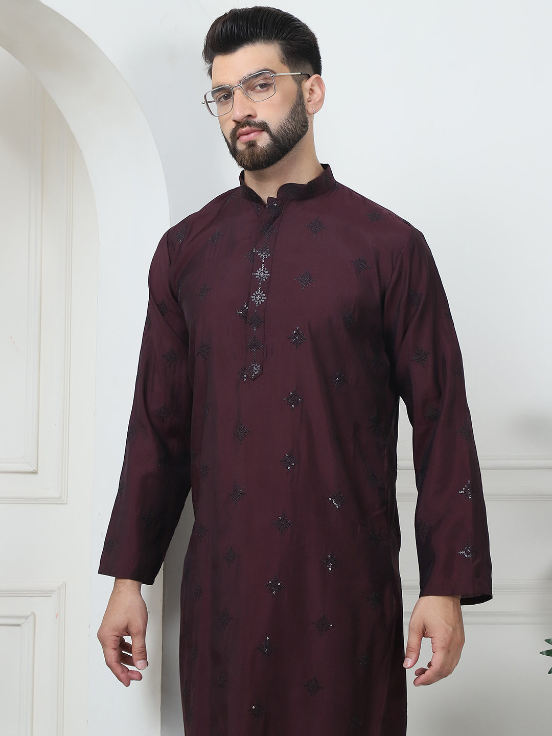 Men's Cotton Silk Sequinned Neck Embroidered Wine Kurta With Black Pyjama