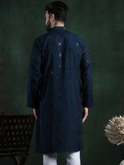 Men's Cotton Silk Sequinned Neck Embroidered Teal Blue Long Kurta