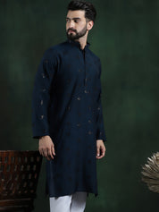 Men's Cotton Silk Sequinned Neck Embroidered Teal Blue Long Kurta