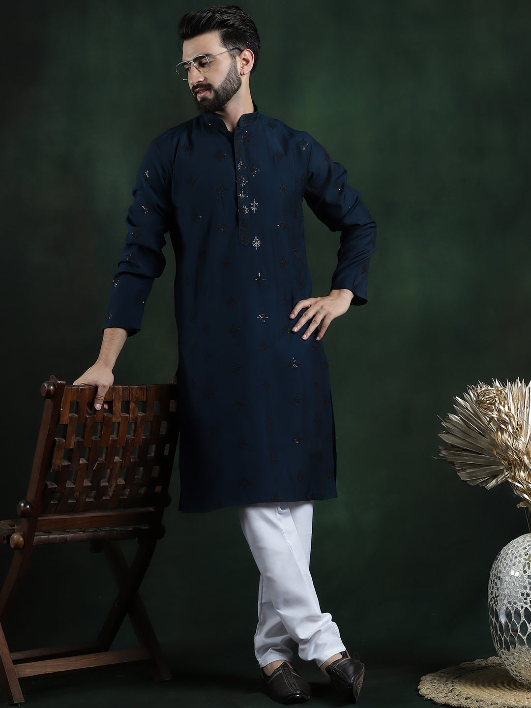 Men's Cotton Silk Sequinned Neck Embroidered Teal Blue Kurta With White Pyjama