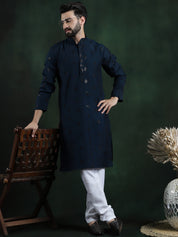 Men's Cotton Silk Sequinned Neck Embroidered Teal Blue Kurta With White Pyjama