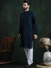 Men's Cotton Silk Sequinned Neck Embroidered Teal Blue Kurta With White Pyjama