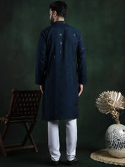 Men's Cotton Silk Sequinned Neck Embroidered Teal Blue Kurta With White Pyjama