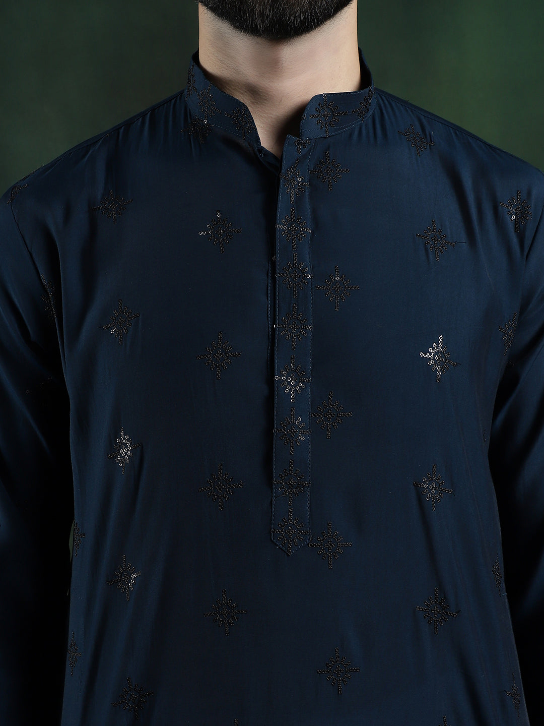 Men's Cotton Silk Sequinned Neck Embroidered Teal Blue Kurta With White Pyjama