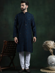 Men's Cotton Silk Sequinned Neck Embroidered Teal Blue Kurta With White Pyjama