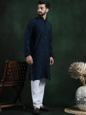 Men's Cotton Silk Sequinned Neck Embroidered Teal Blue Kurta With White Pyjama