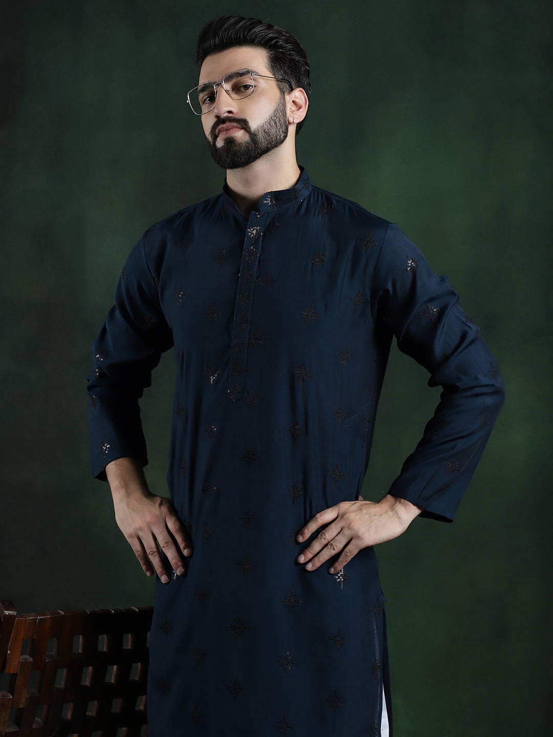 Men's Cotton Silk Sequinned Neck Embroidered Teal Blue Kurta With White Pyjama