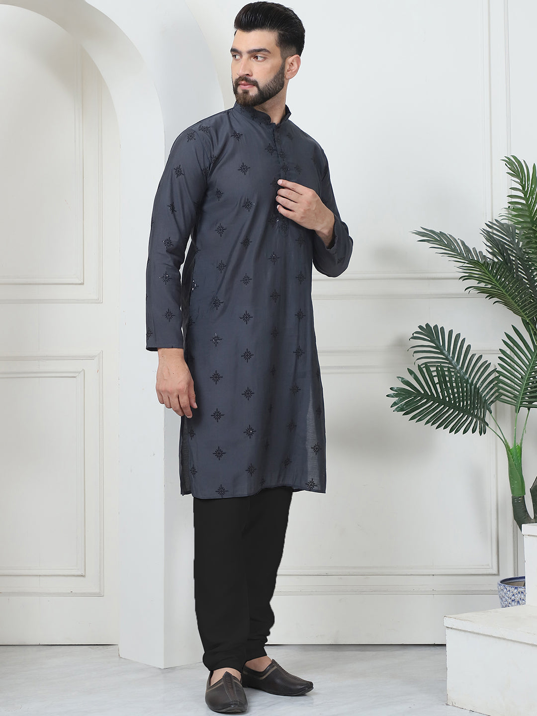 Men's Cotton Silk Sequinned Neck Embroidered Dark Grey Kurta With Black Pyjama