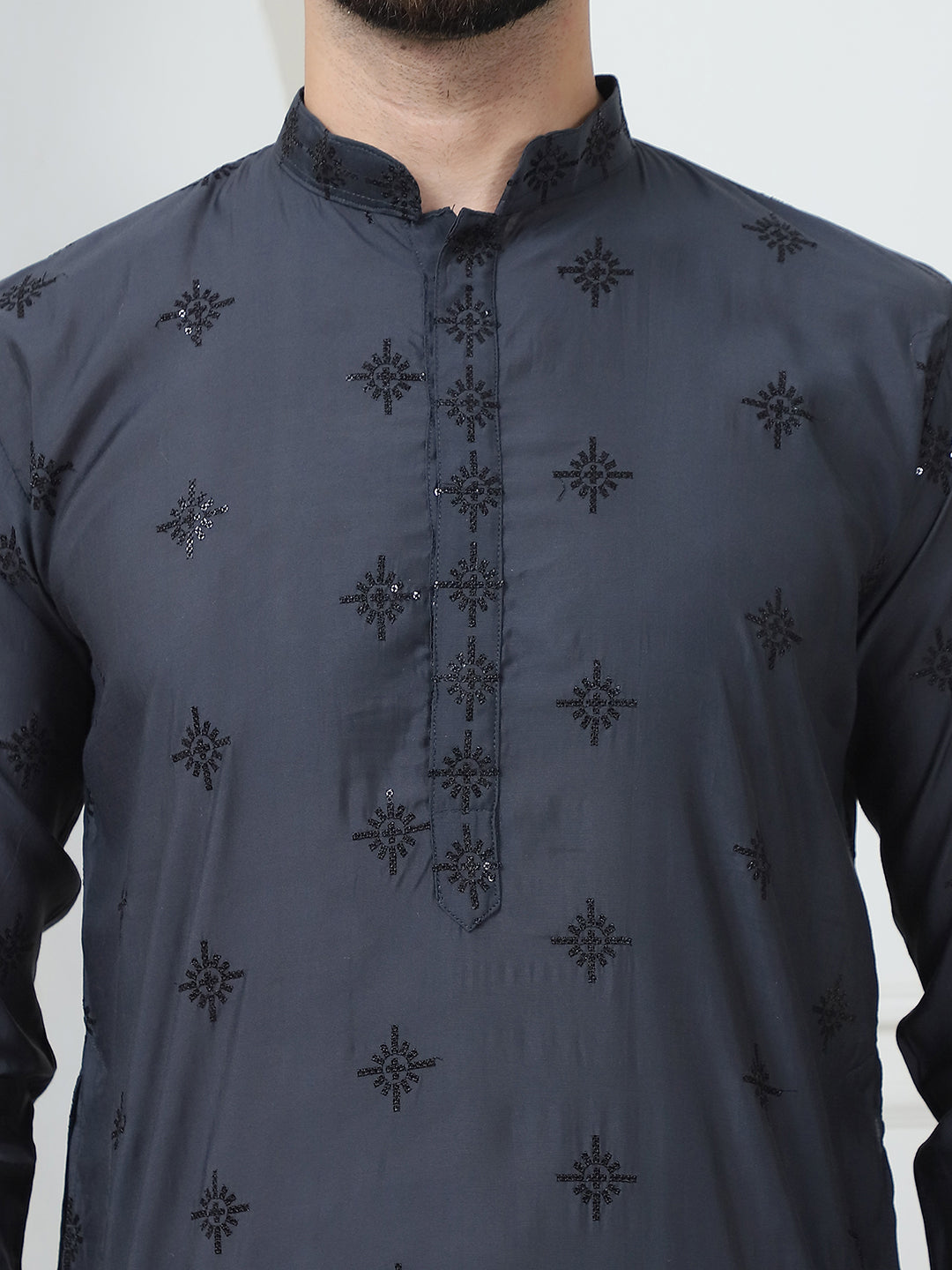 Men's Cotton Silk Sequinned Neck Embroidered Dark Grey Kurta With Black Pyjama