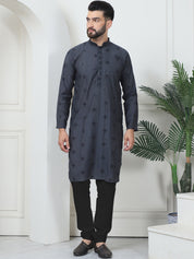 Men's Cotton Silk Sequinned Neck Embroidered Dark Grey Kurta With Black Pyjama