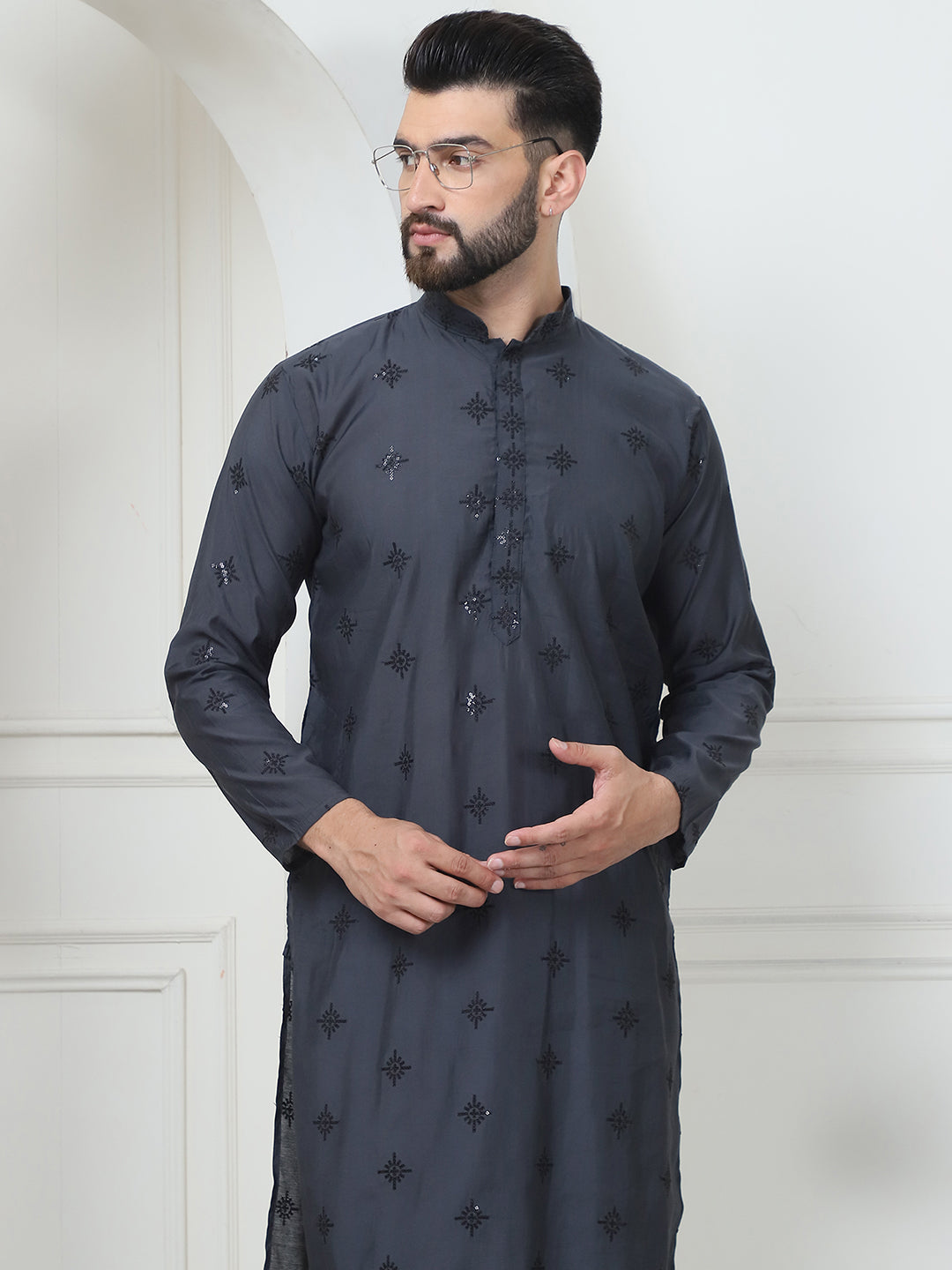 Men's Cotton Silk Sequinned Neck Embroidered Dark Grey Kurta With Black Pyjama