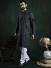 Men's Cotton Silk Sequinned Neck Embroidered Dark Grey Kurta With White Pyjama