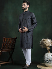 Men's Cotton Silk Sequinned Neck Embroidered Dark Grey Kurta With White Pyjama