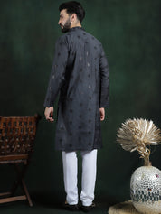 Men's Cotton Silk Sequinned Neck Embroidered Dark Grey Kurta With White Pyjama