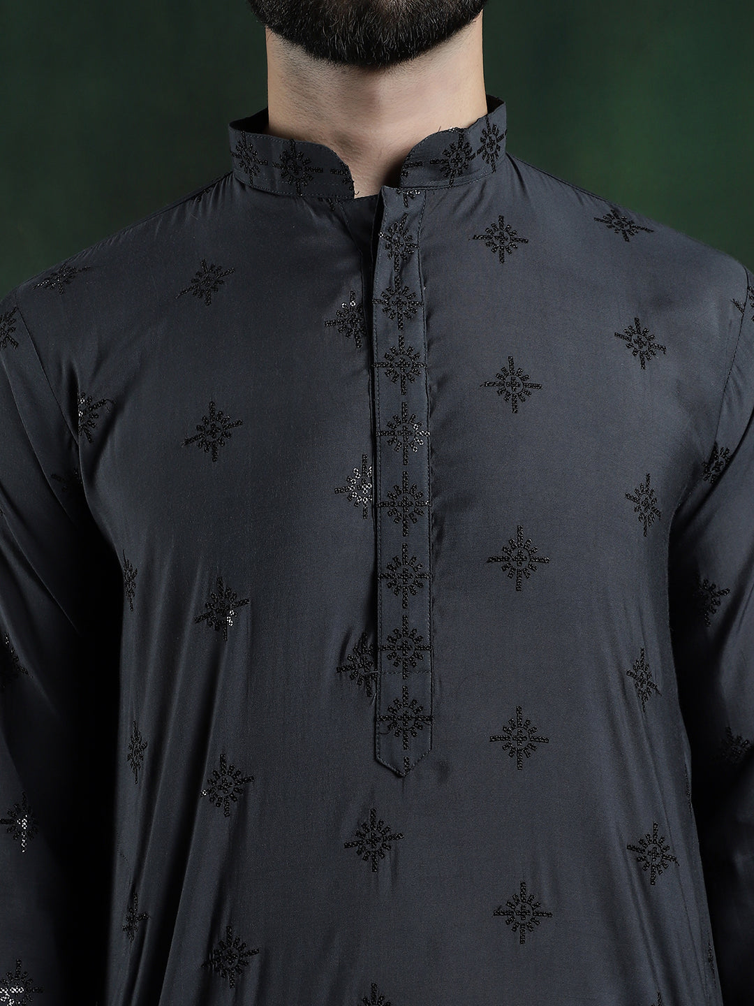 Men's Cotton Silk Sequinned Neck Embroidered Dark Grey Kurta With White Pyjama