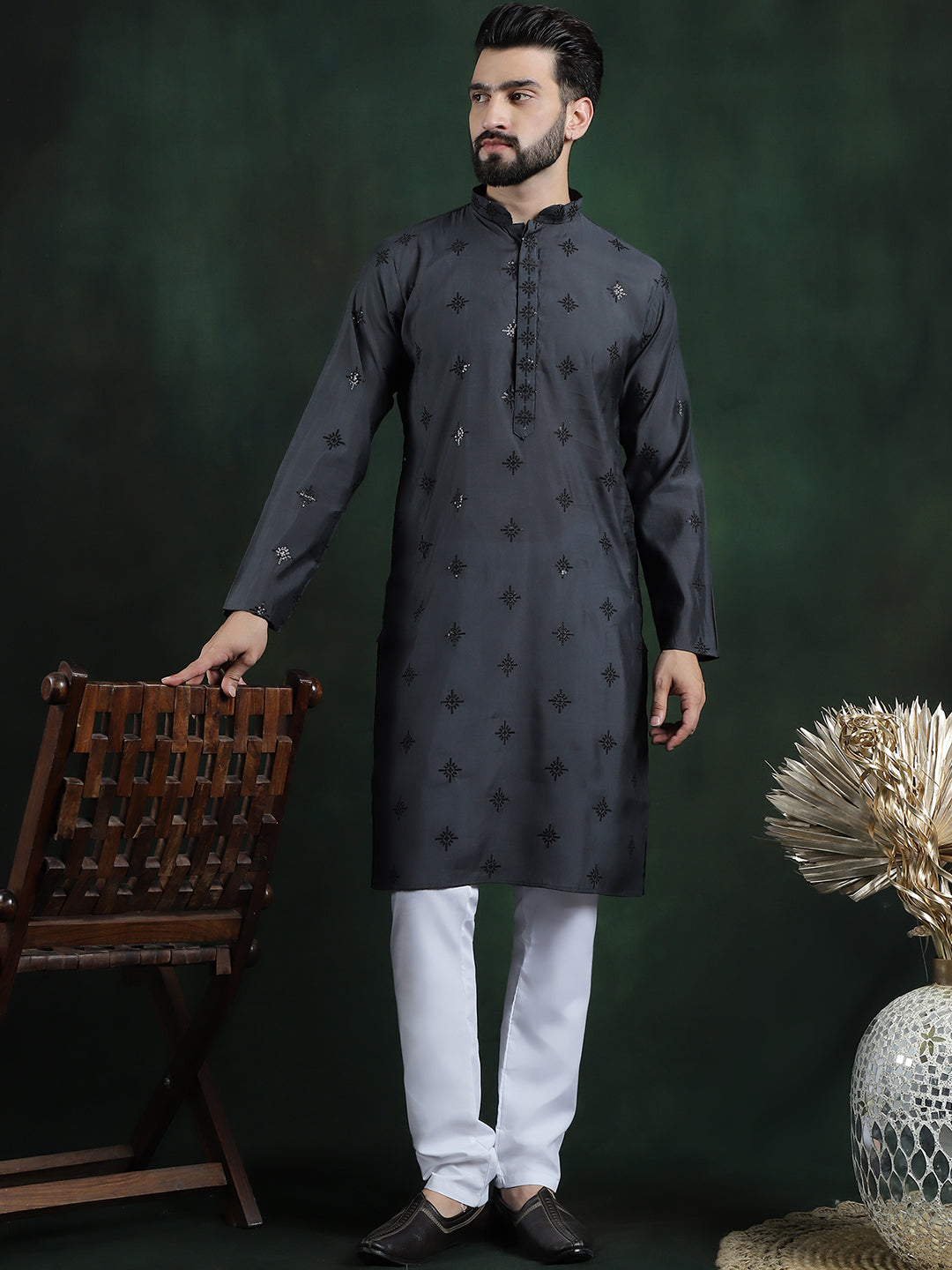 Men's Cotton Silk Sequinned Neck Embroidered Dark Grey Kurta With White Pyjama