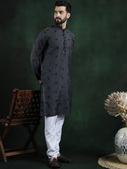 Men's Cotton Silk Sequinned Neck Embroidered Dark Grey Kurta With White Pyjama