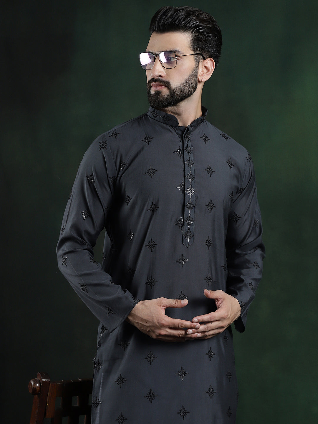 Men's Cotton Silk Sequinned Neck Embroidered Dark Grey Kurta With White Pyjama