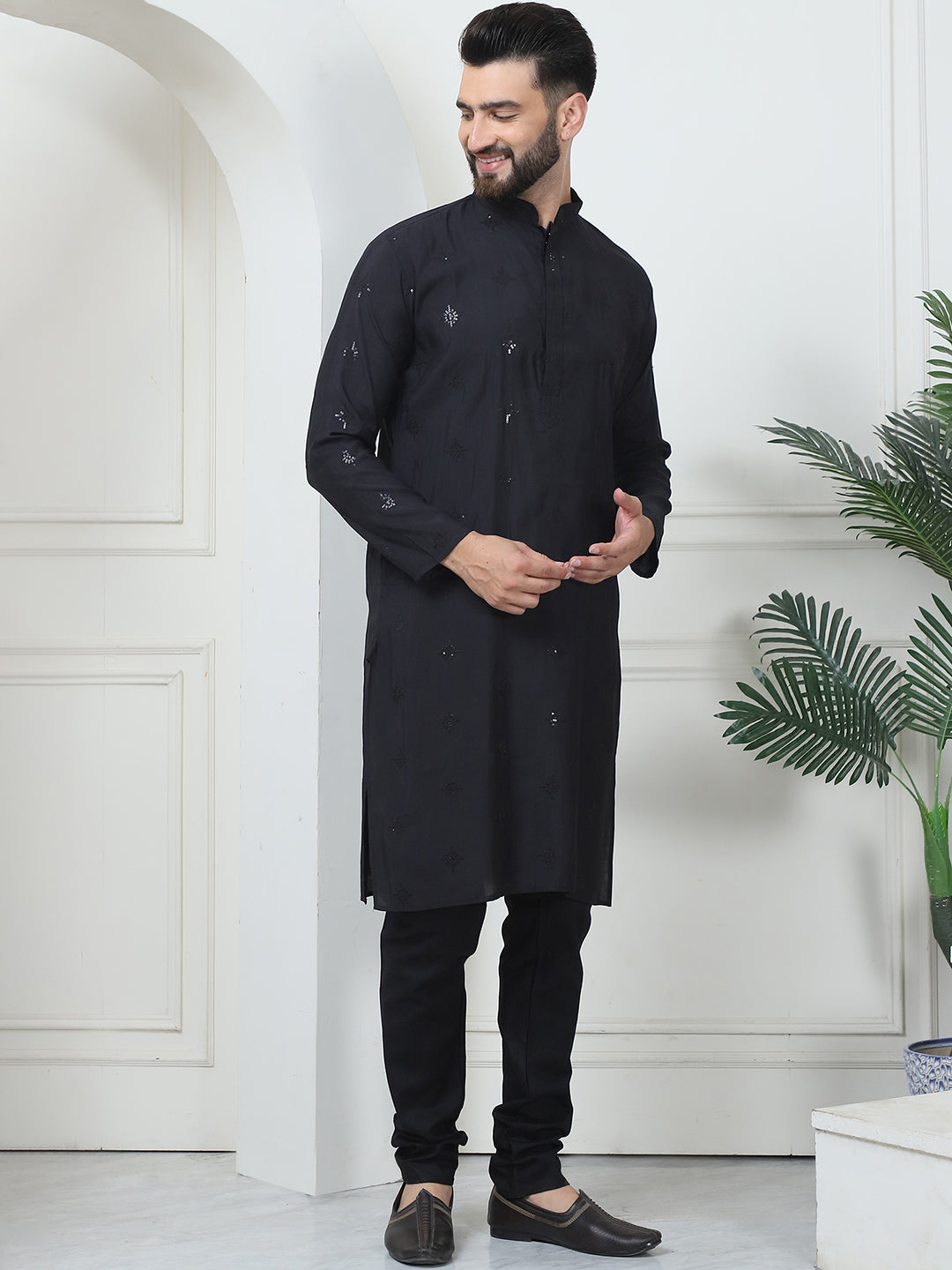 Men's Cotton Silk Sequinned Neck Embroidered Black Kurta With Black Pyjama