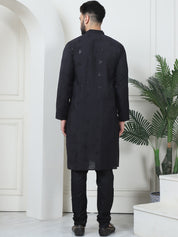 Men's Cotton Silk Sequinned Neck Embroidered Black Kurta With Black Pyjama