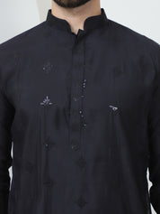 Men's Cotton Silk Sequinned Neck Embroidered Black Kurta With Black Pyjama