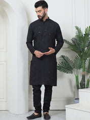 Men's Cotton Silk Sequinned Neck Embroidered Black Kurta With Black Pyjama