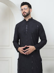 Men's Cotton Silk Sequinned Neck Embroidered Black Kurta With Black Pyjama