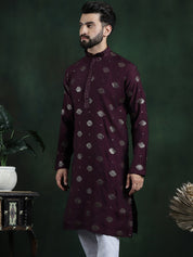 Men's Cotton Silk Sequinned Embroidered Wine Long Kurta