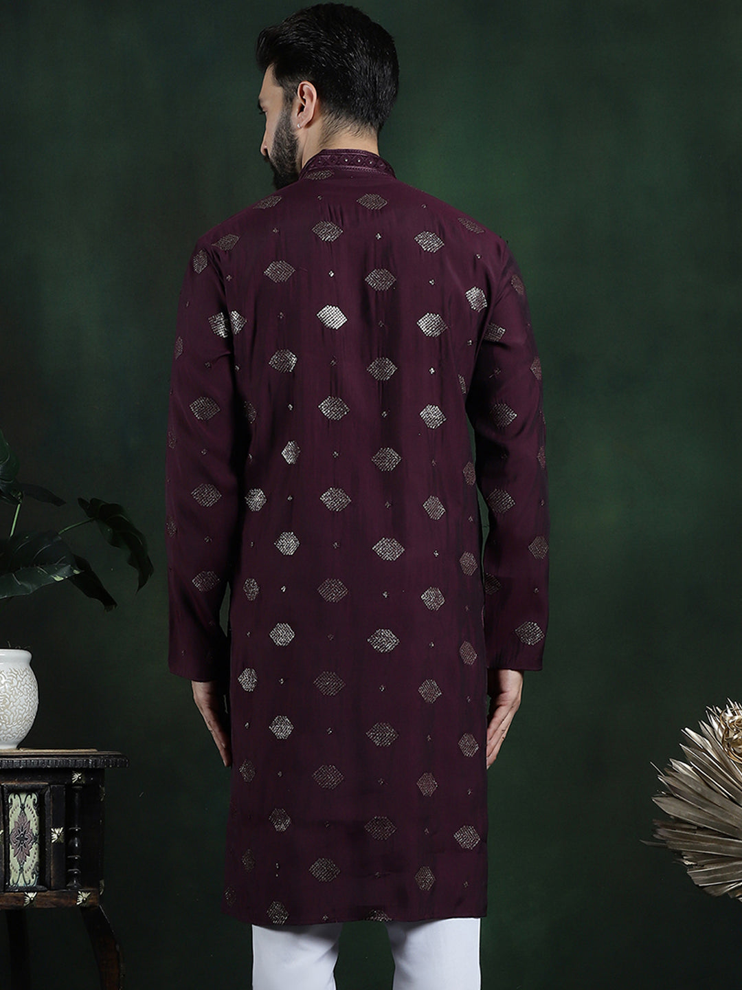 Men's Cotton Silk Sequinned Embroidered Wine Long Kurta