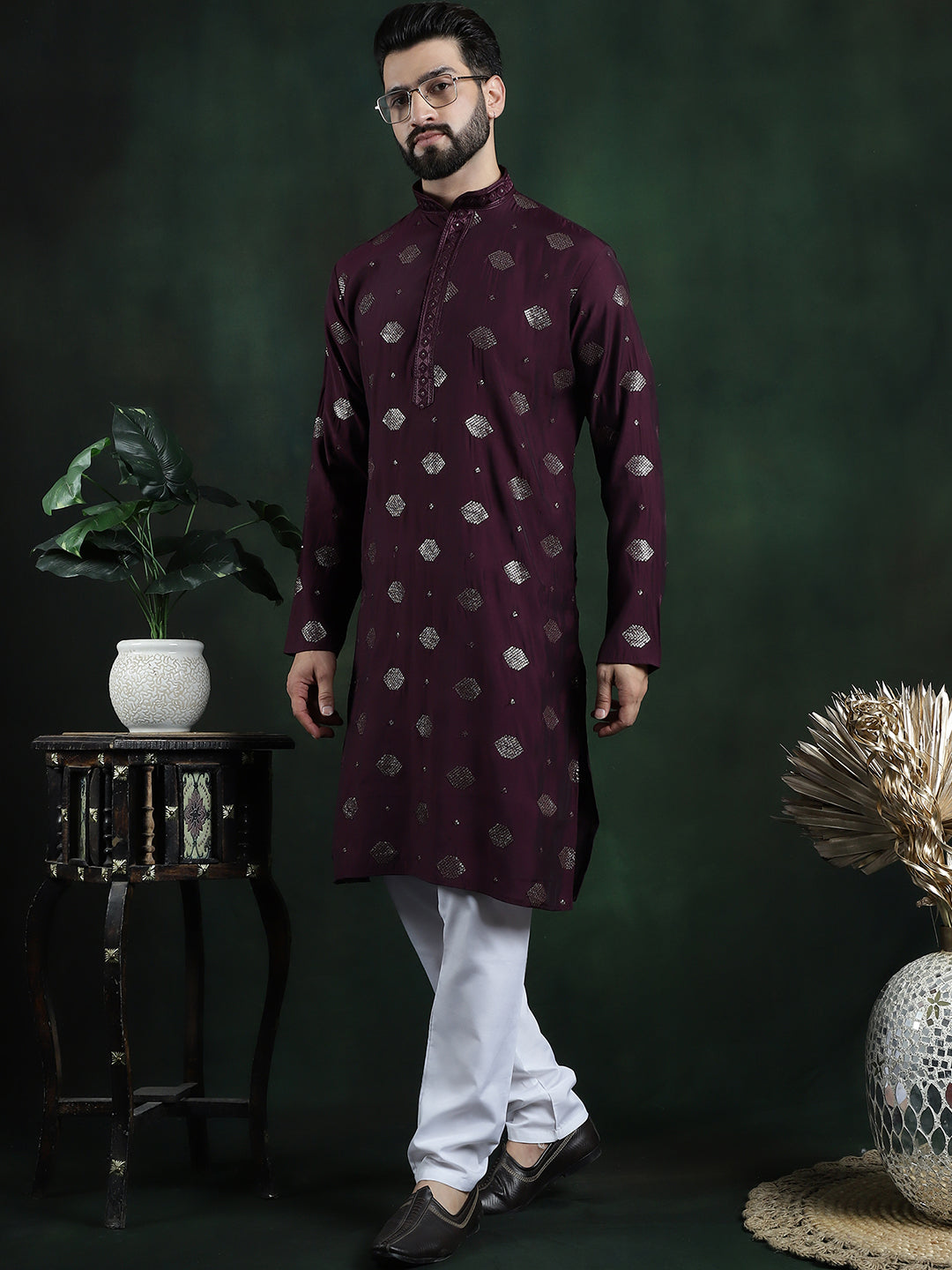 Men's Cotton Silk Sequinned Embroidered Wine Long Kurta