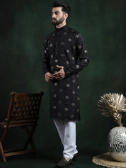 Men's Cotton Silk Sequinned Embroidered Black Kurta With White Pyjama