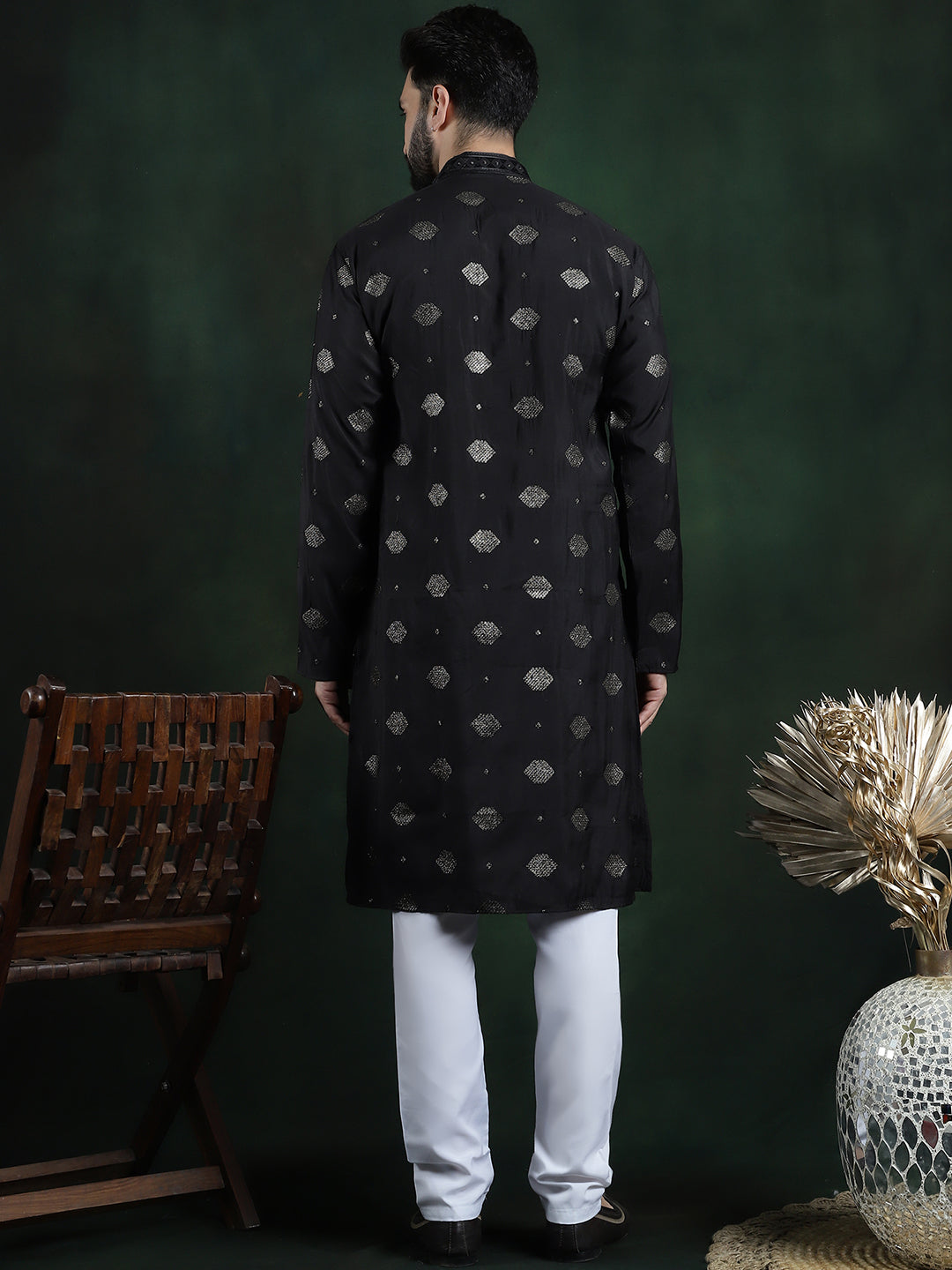 Men's Cotton Silk Sequinned Embroidered Black Kurta With White Pyjama