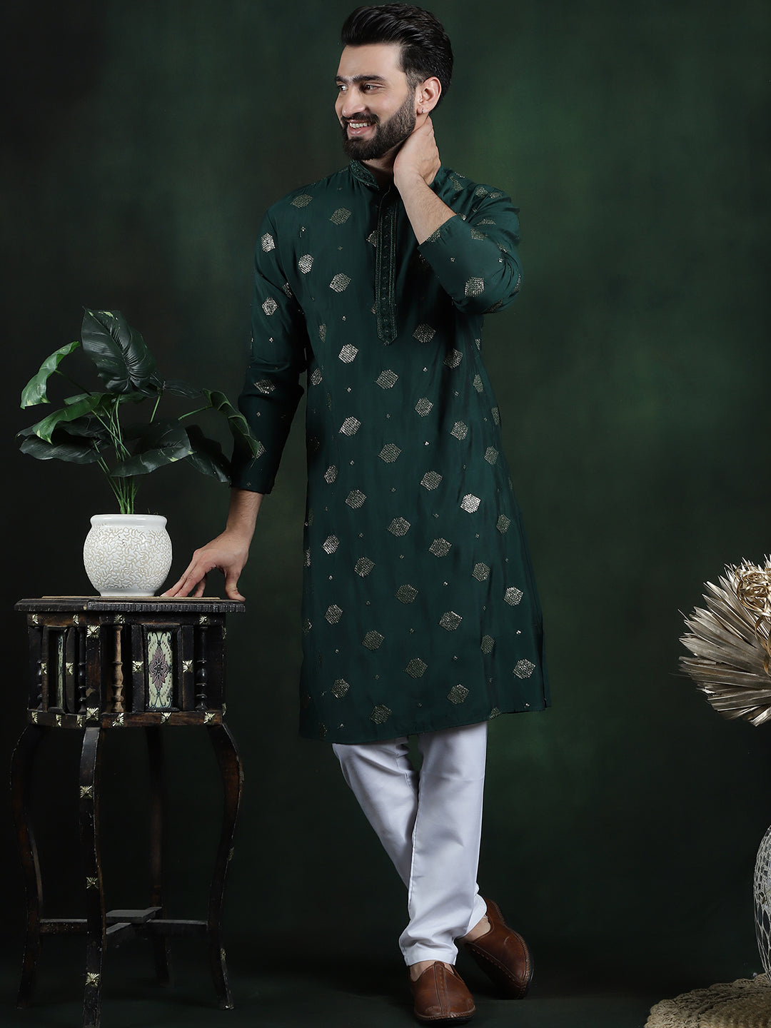 Men's Cotton Silk Sequinned Embroidered Green Kurta With White Pyjama