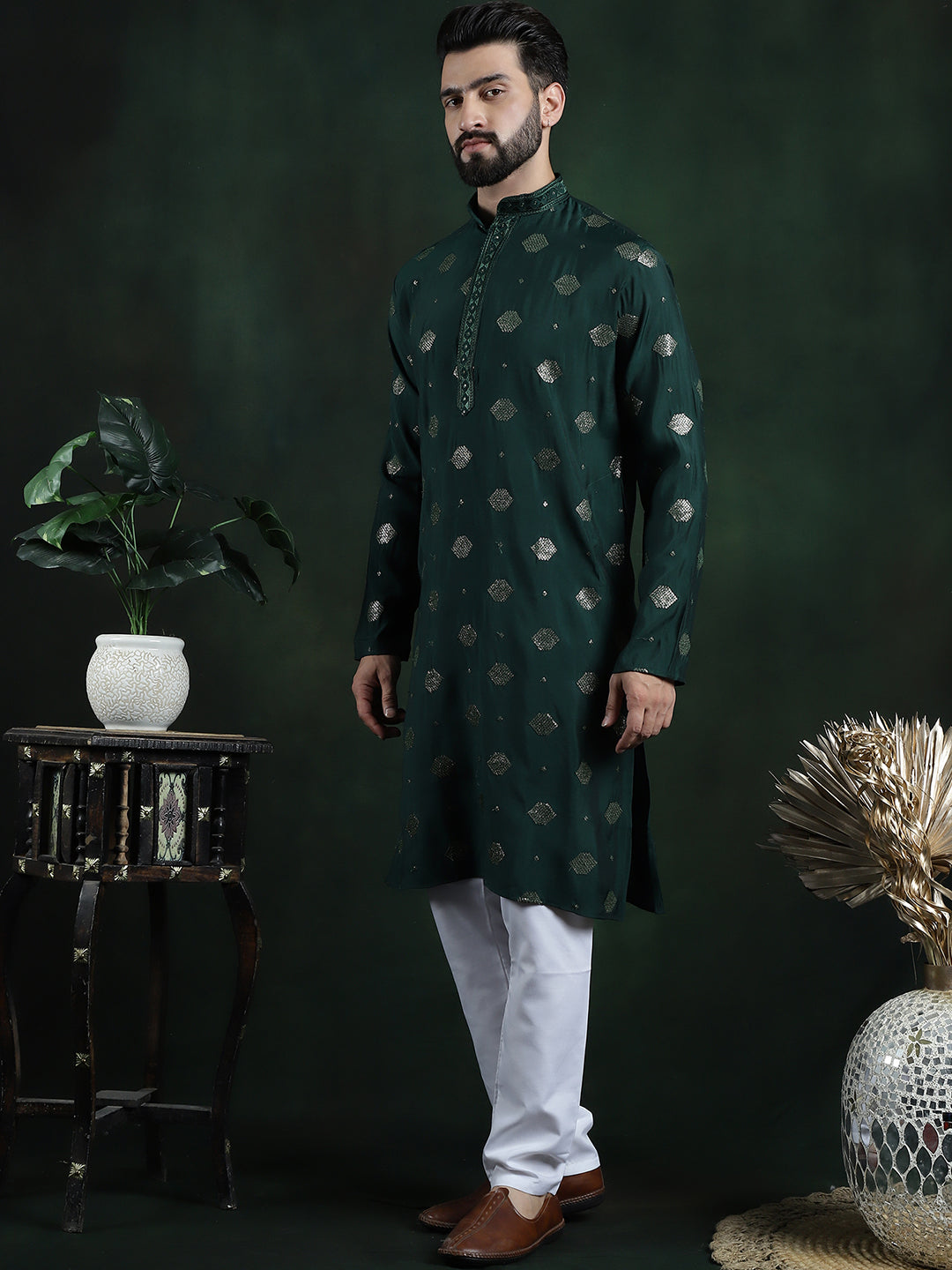 Men's Cotton Silk Sequinned Embroidered Green Kurta With White Pyjama