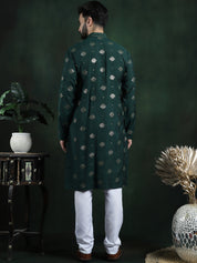 Men's Cotton Silk Sequinned Embroidered Green Kurta With White Pyjama