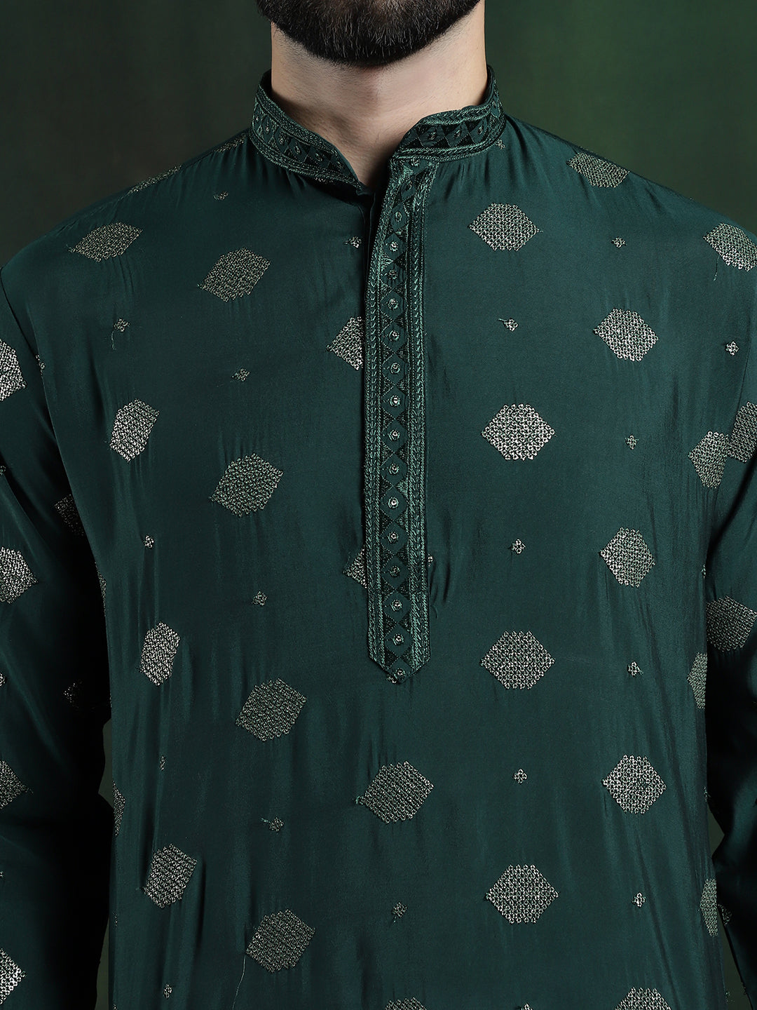 Men's Cotton Silk Sequinned Embroidered Green Kurta With White Pyjama