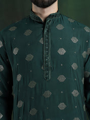 Men's Cotton Silk Sequinned Embroidered Green Kurta With White Pyjama