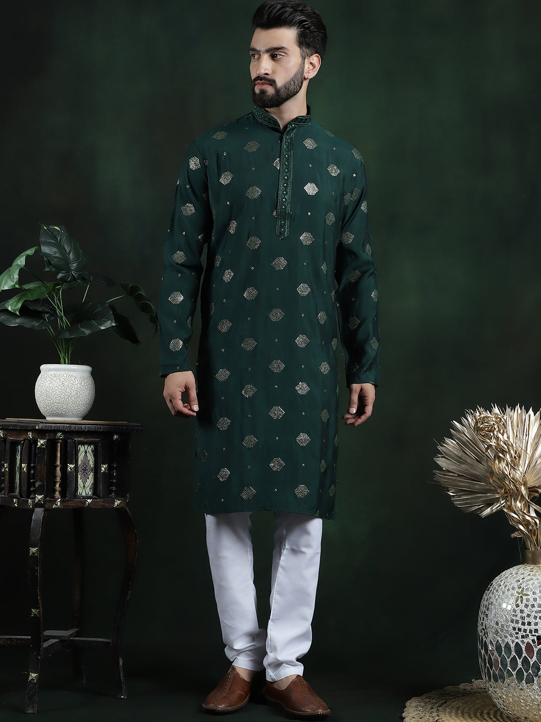 Men's Cotton Silk Sequinned Embroidered Green Kurta With White Pyjama